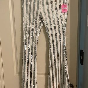 NWT Forever 21 White & Silver stripe sequin flare pants